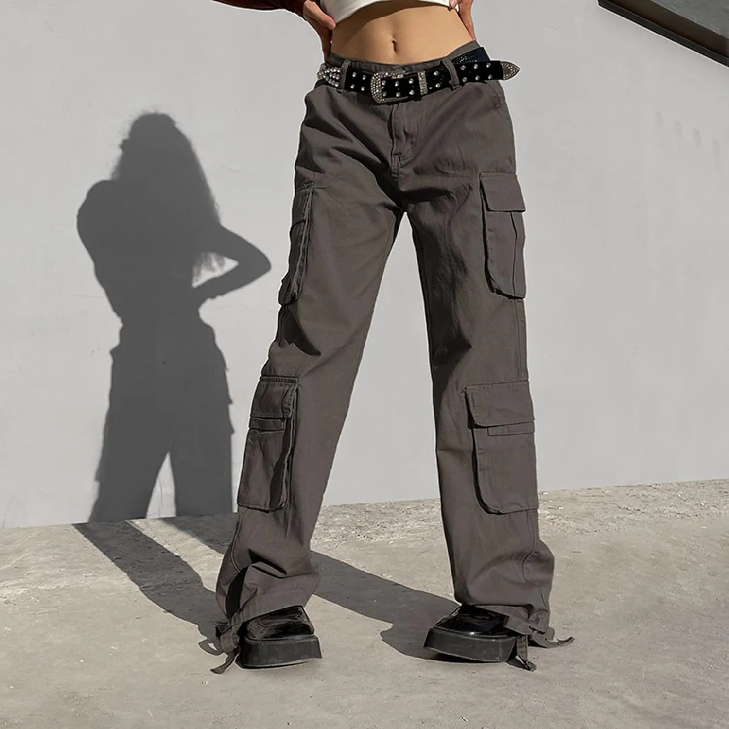 BXCNCKD Gothic Ladies Cargo Pants Street Retro Multi Pocket Cargo Pants Loose Wide Leg Pants Y2K Pants