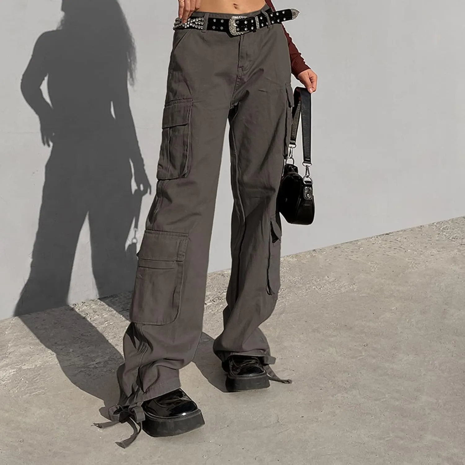 BXCNCKD Gothic Ladies Cargo Pants Street Retro Multi Pocket Cargo Pants Loose Wide Leg Pants Y2K Pants