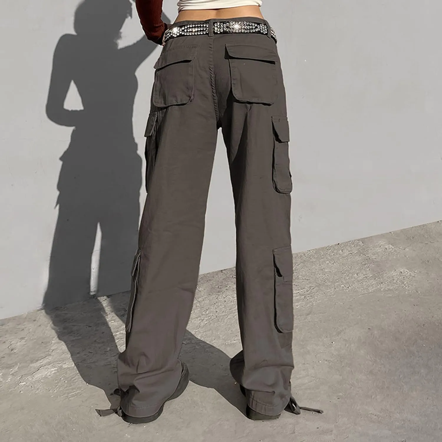 BXCNCKD Gothic Ladies Cargo Pants Street Retro Multi Pocket Cargo Pants Loose Wide Leg Pants Y2K Pants