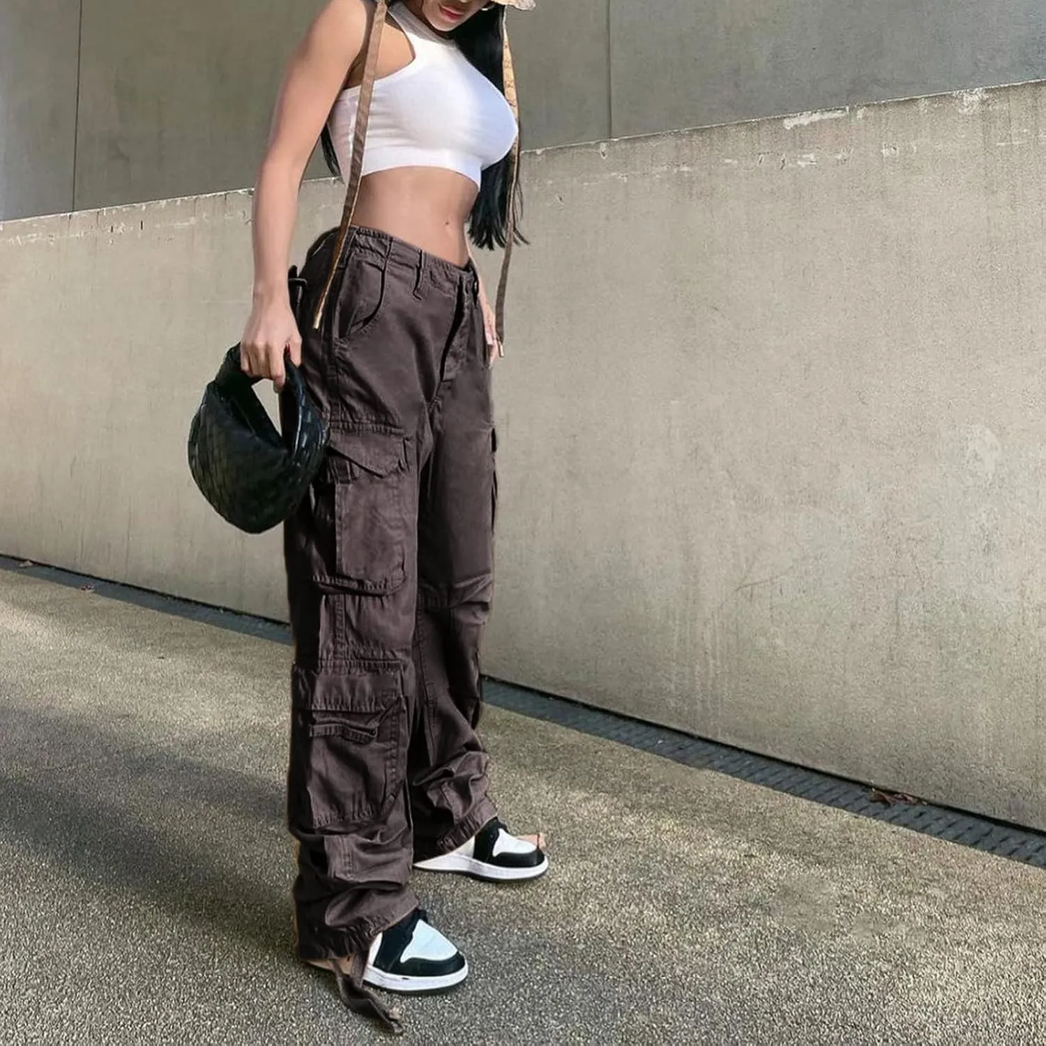 BXCNCKD Gothic Ladies Cargo Pants Street Retro Multi Pocket Cargo Pants Loose Wide Leg Pants Y2K Pants