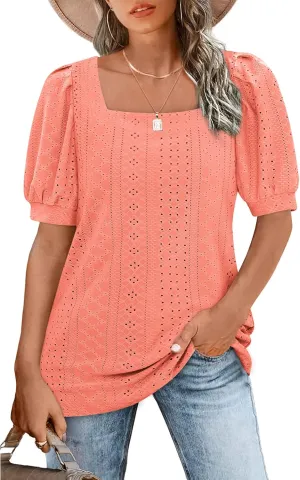BZB Womens Summer Tops 2025 Square Neck Short Sleeve Tunic Tops Eyelet T-Shirts S-2XL