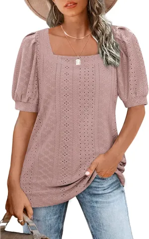 BZB Womens Summer Tops 2025 Square Neck Short Sleeve Tunic Tops Eyelet T-Shirts S-2XL