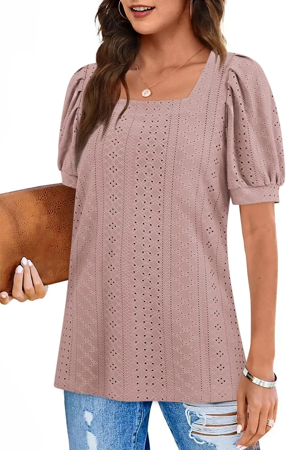 BZB Womens Summer Tops 2025 Square Neck Short Sleeve Tunic Tops Eyelet T-Shirts S-2XL