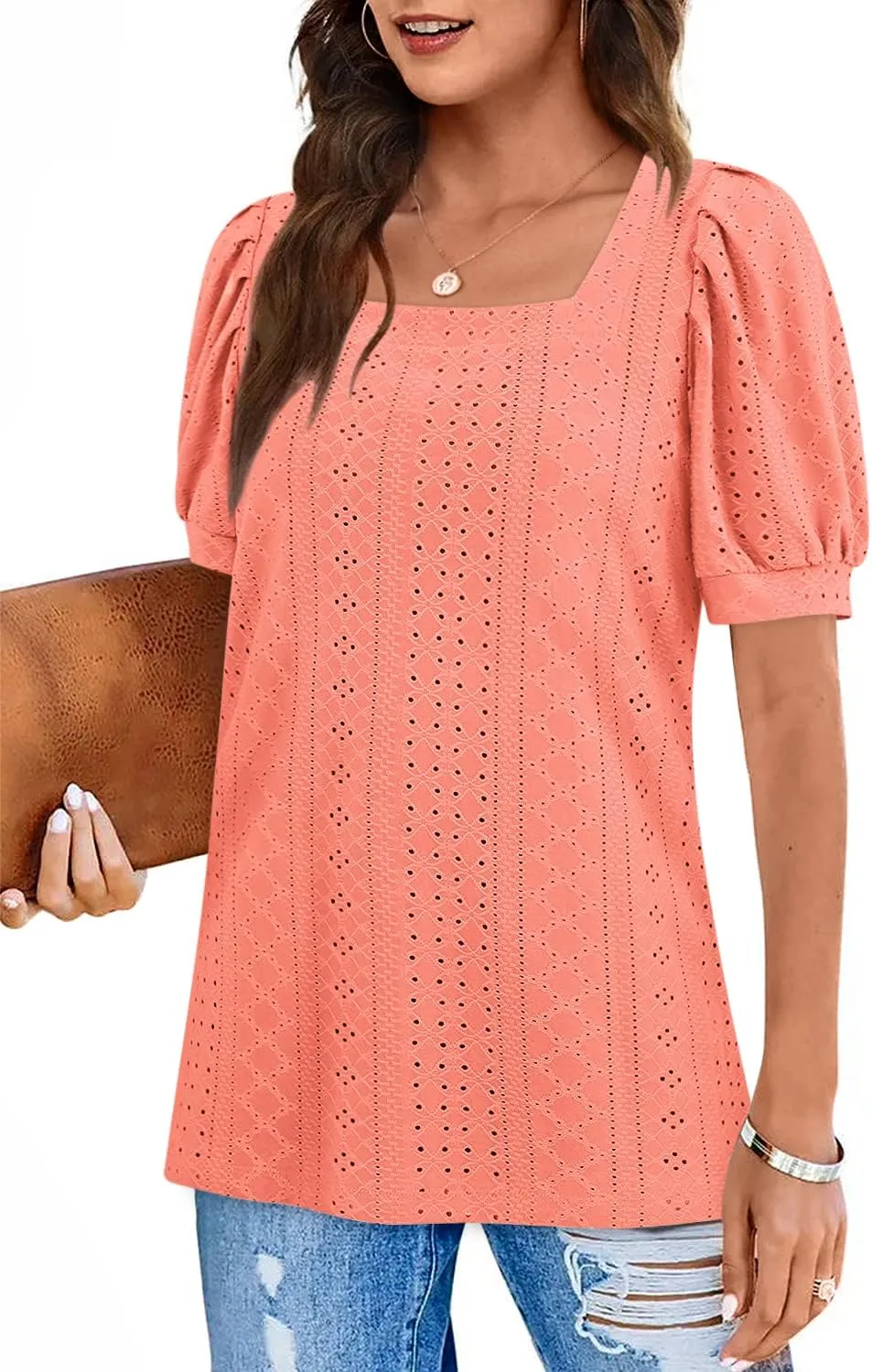 BZB Womens Summer Tops 2025 Square Neck Short Sleeve Tunic Tops Eyelet T-Shirts S-2XL