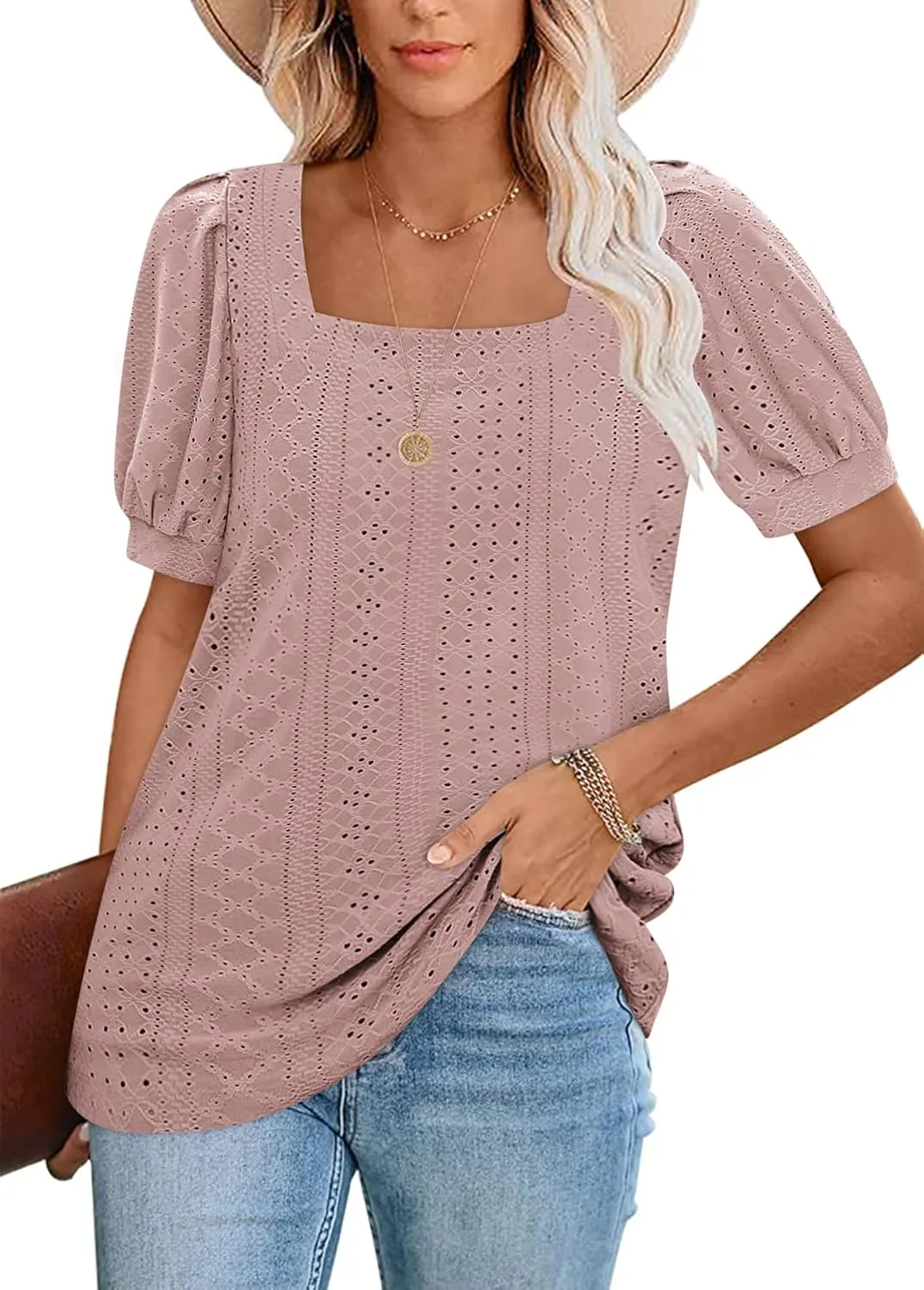 BZB Womens Summer Tops 2025 Square Neck Short Sleeve Tunic Tops Eyelet T-Shirts S-2XL