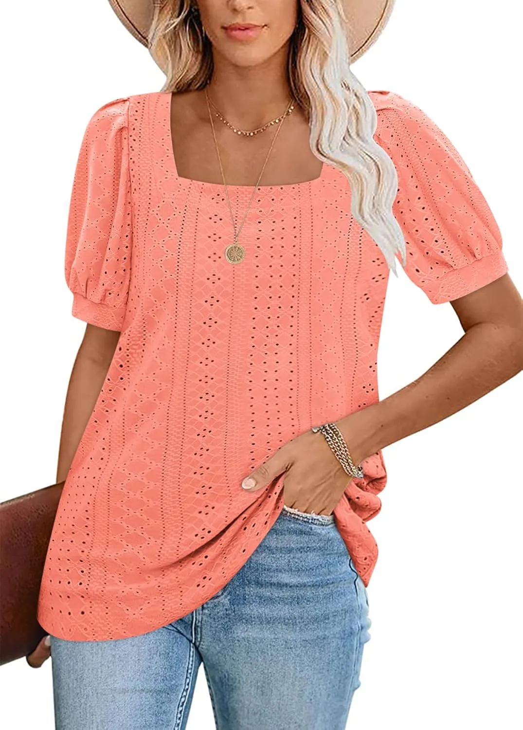 BZB Womens Summer Tops 2025 Square Neck Short Sleeve Tunic Tops Eyelet T-Shirts S-2XL