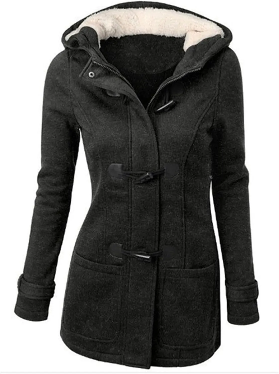Canbebig Women Winter Coats Fleece Jacket Hooded Horn Buckle Sherpa Lined Outerwear Warm Long Sleeve Thicken Coat with Pocket