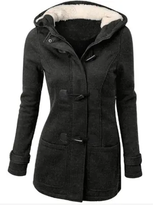Canbebig Women Winter Coats Fleece Jacket Hooded Horn Buckle Sherpa Lined Outerwear Warm Long Sleeve Thicken Coat with Pocket