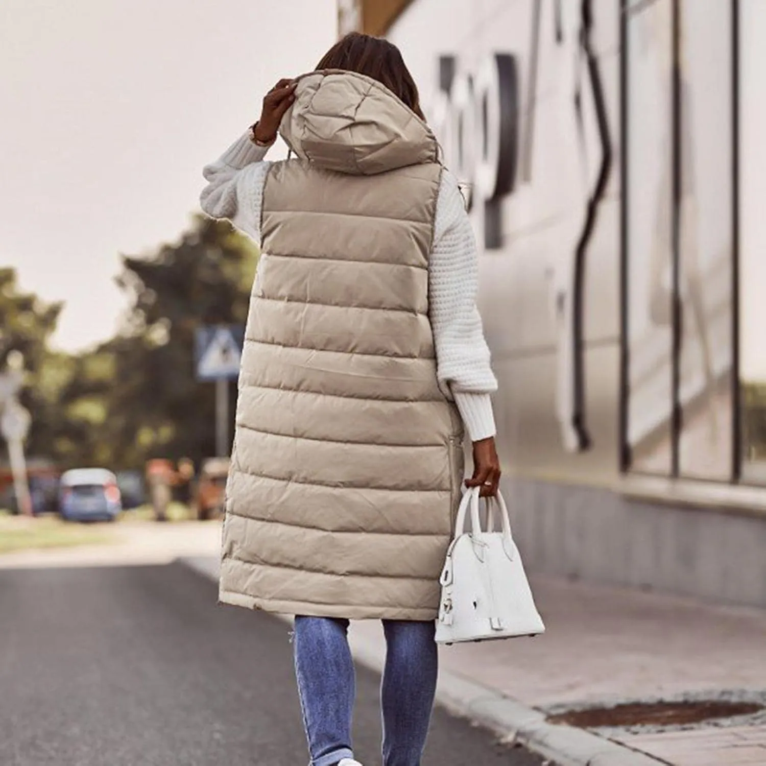 Canbebig Women's Long Quilted Puffer Vest Hooded Sleeveless Zip Up Puffy Jacket Winter Warm Thicken Down Coat Windbreakers