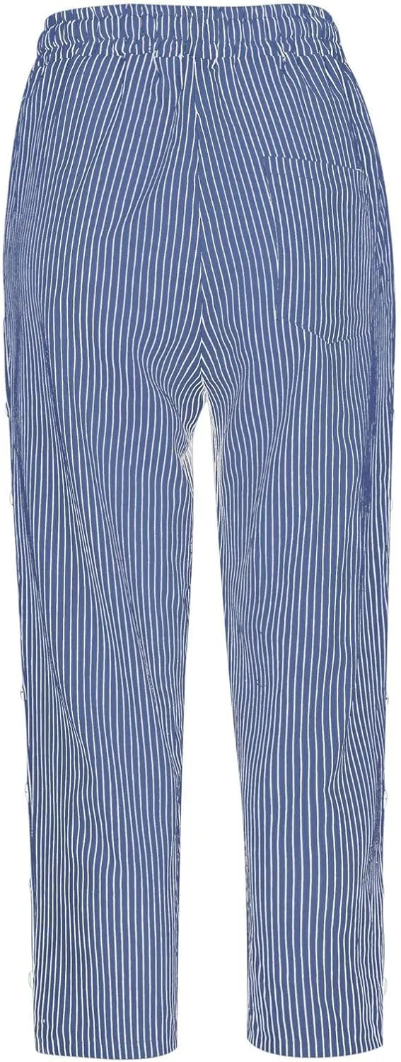 Capri Pants for Women Casual Striped Linen Pants Loose Fit Drawstring Trousers High Waist Cropped Trousers