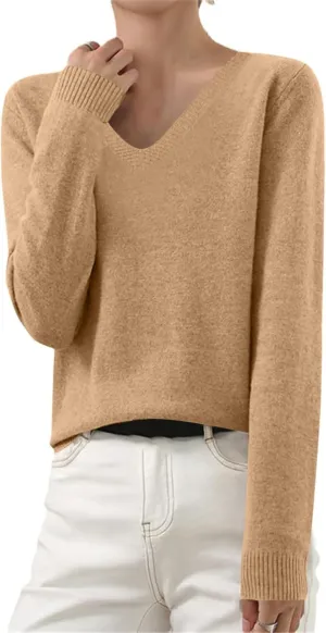 Cashmere Sweaters for Women Long Sleeve V Neck Pullover Tops Loose Soft Cozy Sweater Warm Wool Knit Sweater Shirts