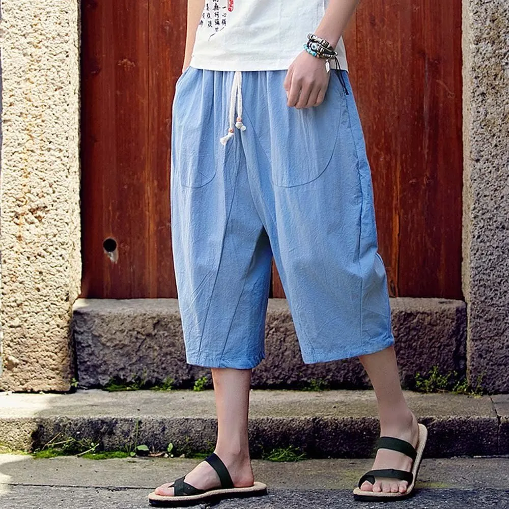 Casual Pants for Mens Linen Pants Relaxed-Fit Beach Trousers Summer Yoga Pants Drawstring Elastic Waist Pants