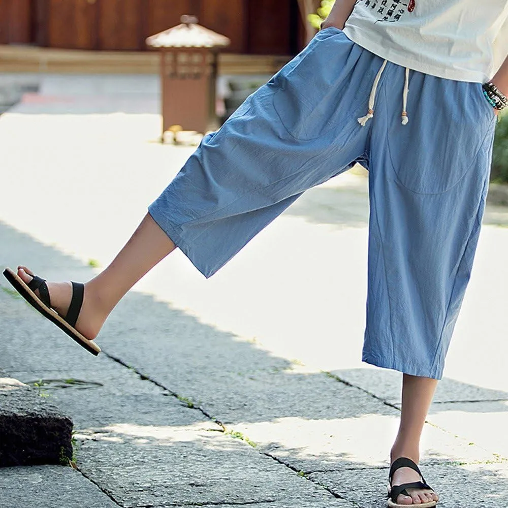 Casual Pants for Mens Linen Pants Relaxed-Fit Beach Trousers Summer Yoga Pants Drawstring Elastic Waist Pants