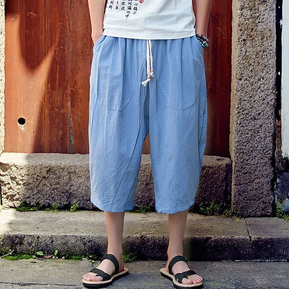 Casual Pants for Mens Linen Pants Relaxed-Fit Beach Trousers Summer Yoga Pants Drawstring Elastic Waist Pants