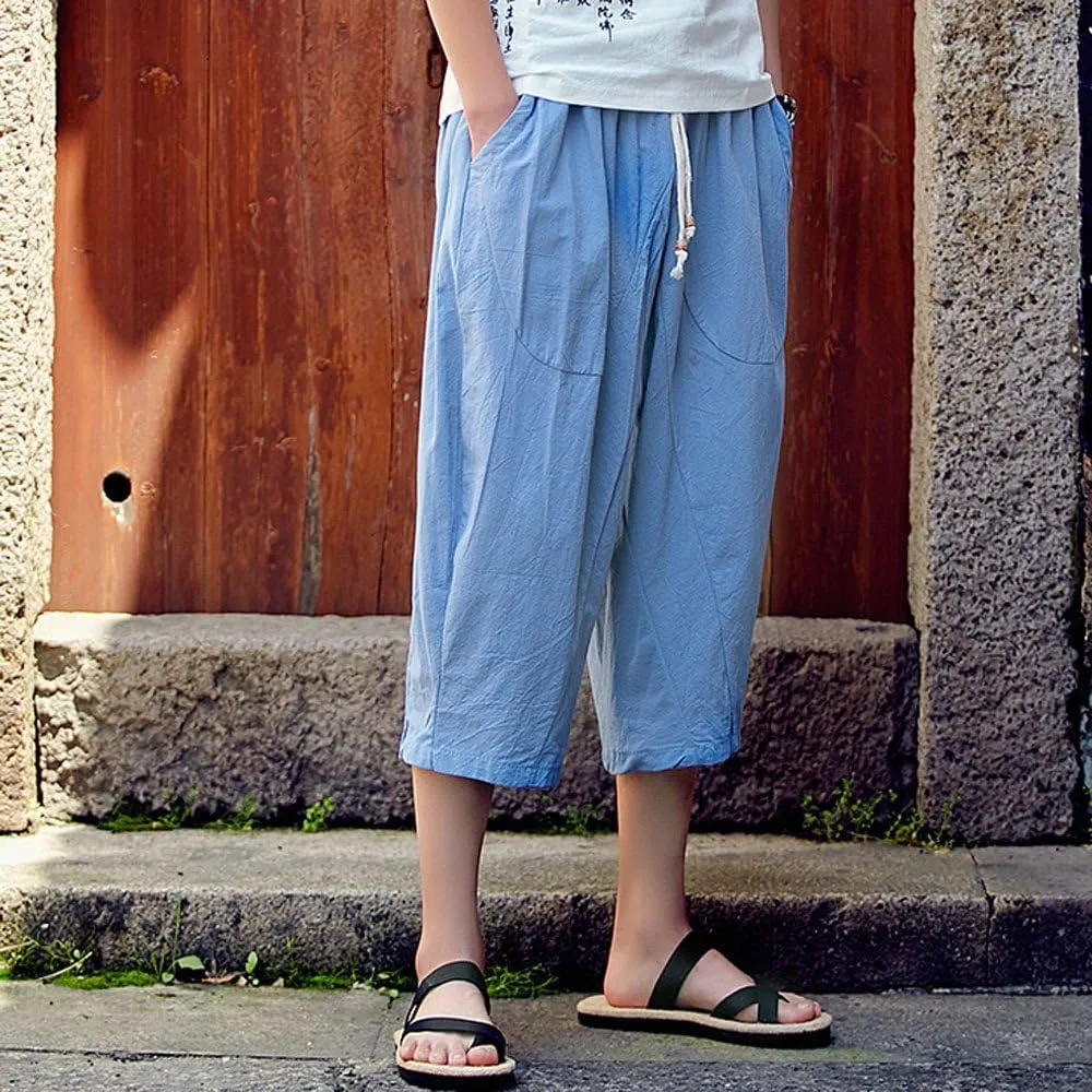 Casual Pants for Mens Linen Pants Relaxed-Fit Beach Trousers Summer Yoga Pants Drawstring Elastic Waist Pants