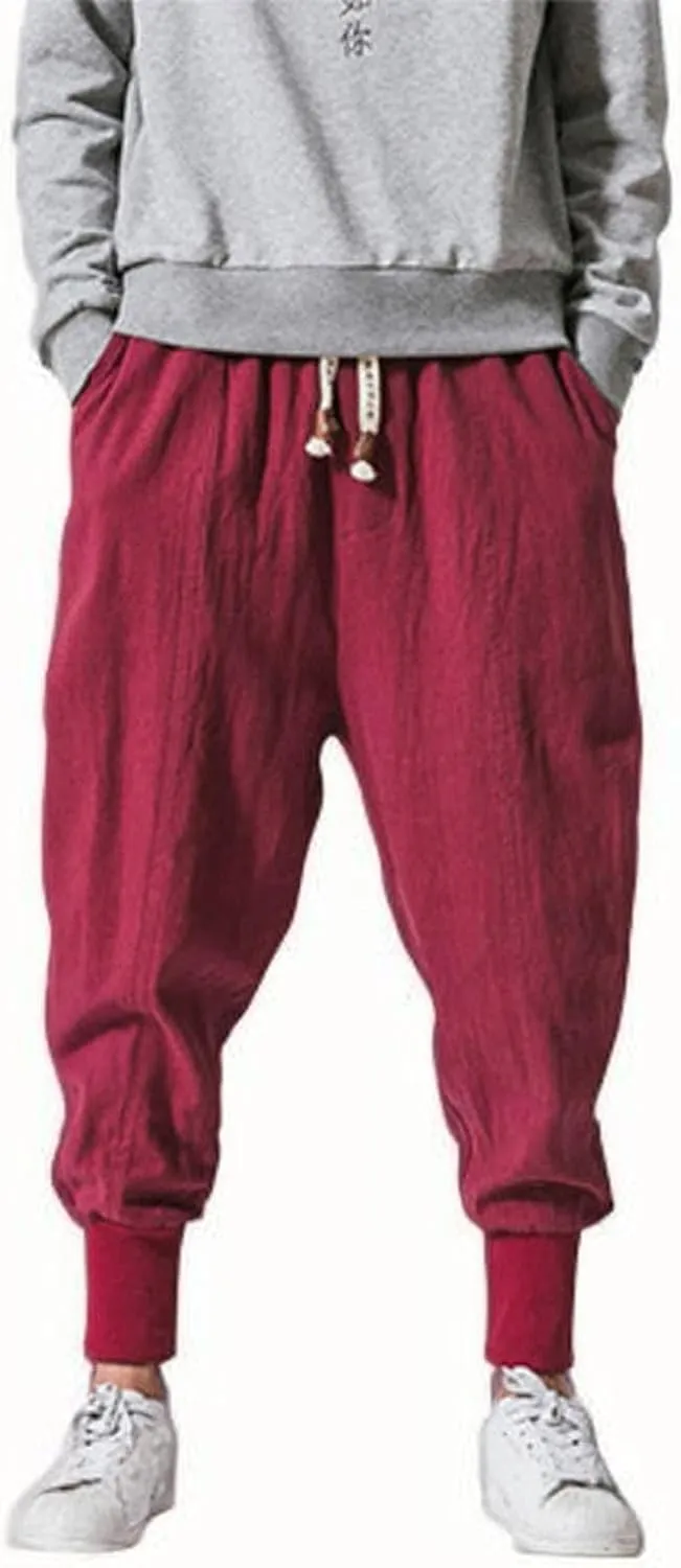 Casual Pants for Mens Linen Pants Summer Beach Trousers Drawstring Yoga Pants Loose Fit Elastic Waist Pants