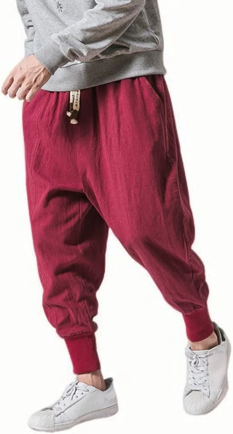 Casual Pants for Mens Linen Pants Summer Beach Trousers Drawstring Yoga Pants Loose Fit Elastic Waist Pants