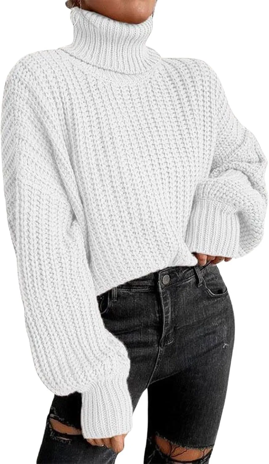 CHARTOU Women Oversized Cable Knit Turtleneck Sweater Long Sleeve Drop Shoulder Knitwear Pullover