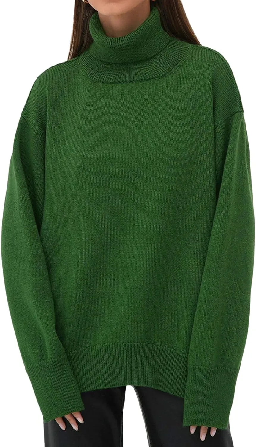 CHARTOU Women Turtleneck Sweater Pullover Fall Knitted Oversized Sweater Knit Top Jumper Knitwear