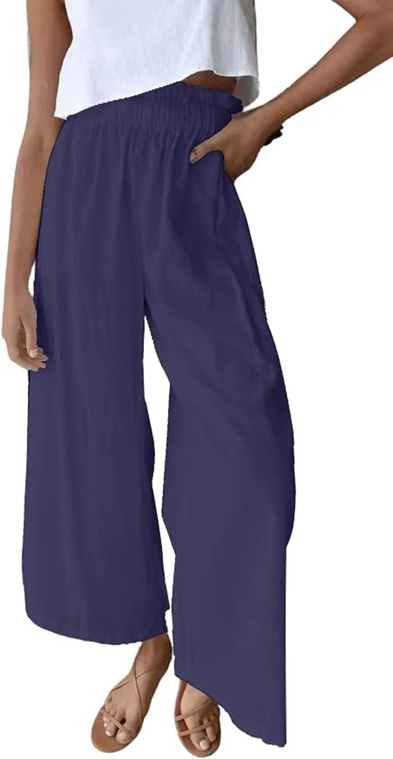 chouyatou Women's Casual Elastic Waist Beach Lounge Palazzo Wide Leg Linen Pants