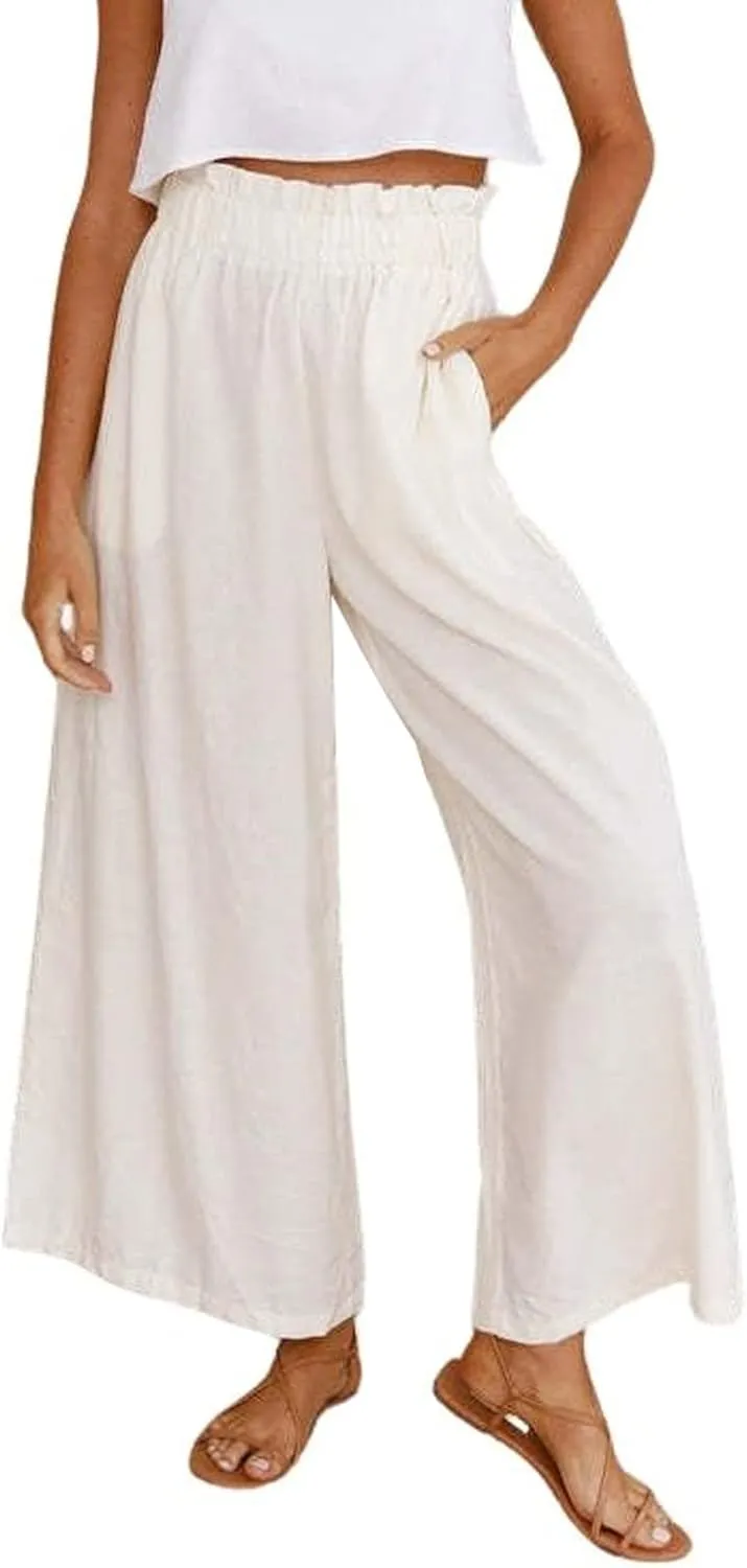 chouyatou Women's Casual Elastic Waist Beach Lounge Palazzo Wide Leg Linen Pants