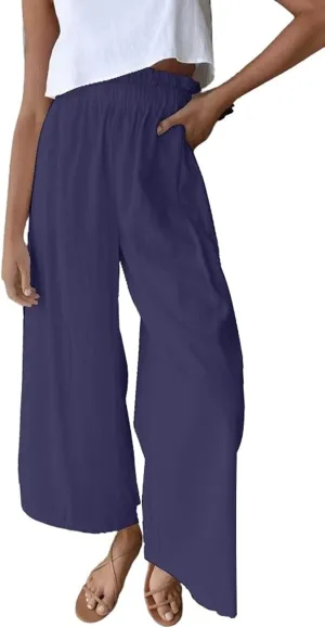 chouyatou Women's Casual Elastic Waist Beach Lounge Palazzo Wide Leg Linen Pants