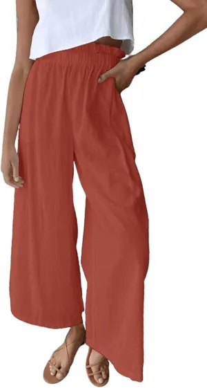 chouyatou Women's Casual Elastic Waist Beach Lounge Palazzo Wide Leg Linen Pants