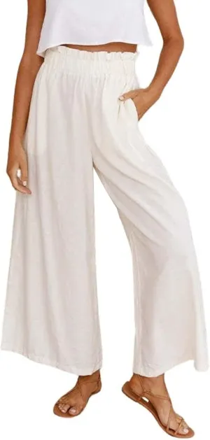 chouyatou Women's Casual Elastic Waist Beach Lounge Palazzo Wide Leg Linen Pants
