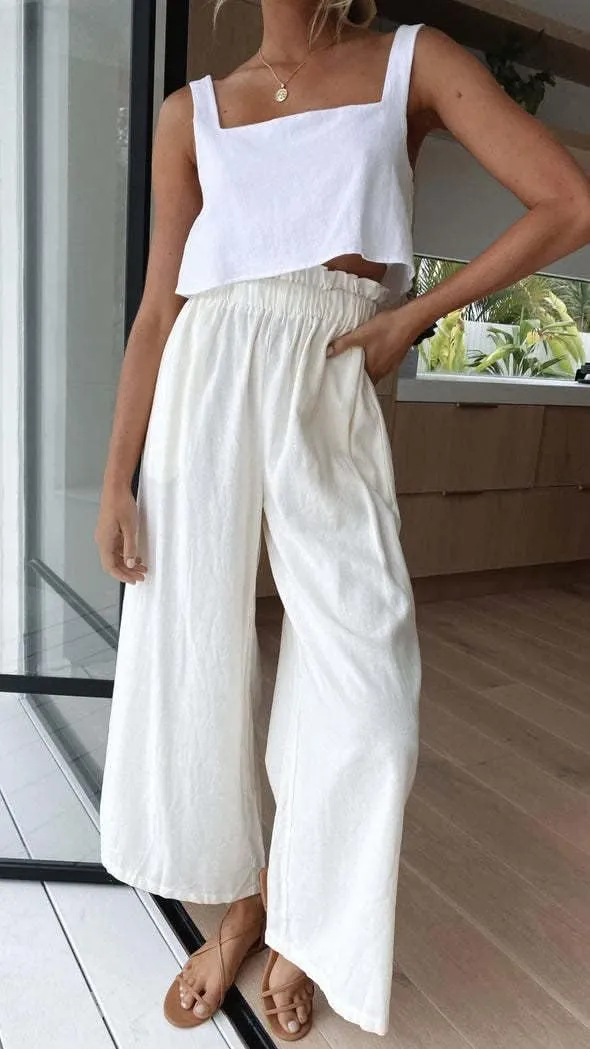 chouyatou Women's Casual Elastic Waist Beach Lounge Palazzo Wide Leg Linen Pants