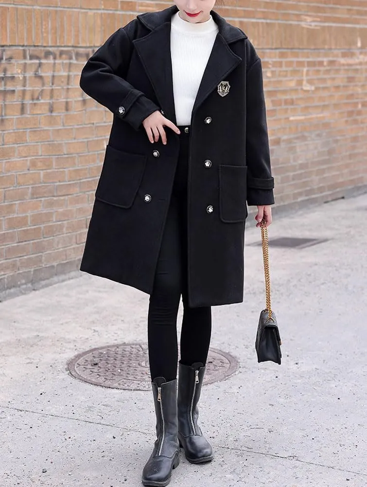 chouyatou Women's Elegant Notched Lapel Double Breasted Wool Blend Trench Pea Coat with Pockets