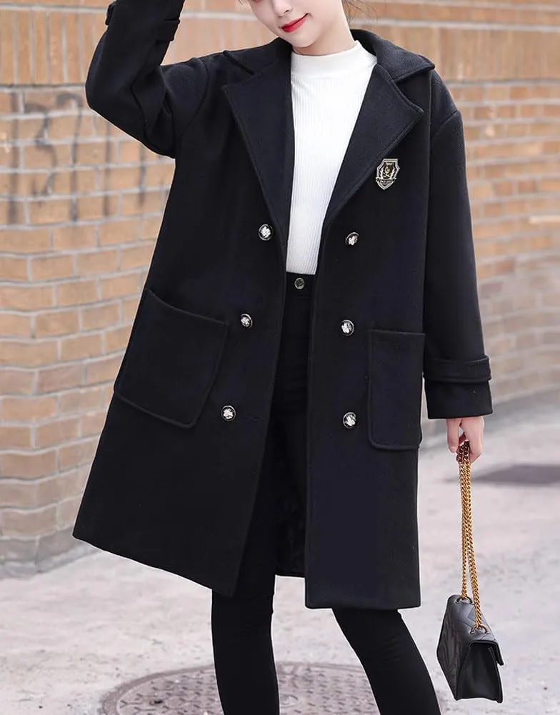 chouyatou Women's Elegant Notched Lapel Double Breasted Wool Blend Trench Pea Coat with Pockets
