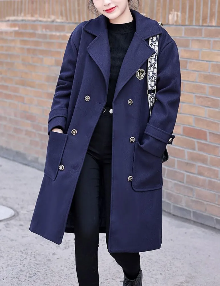 chouyatou Women's Elegant Notched Lapel Double Breasted Wool Blend Trench Pea Coat with Pockets