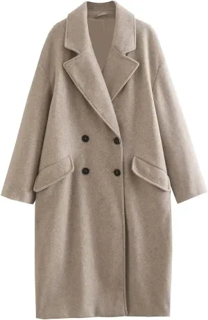Coats for Women Casual Notched Lapel Collar Double-Breasted Winter Trench Coat Elegant Solid Long Sleeve Wool Coat