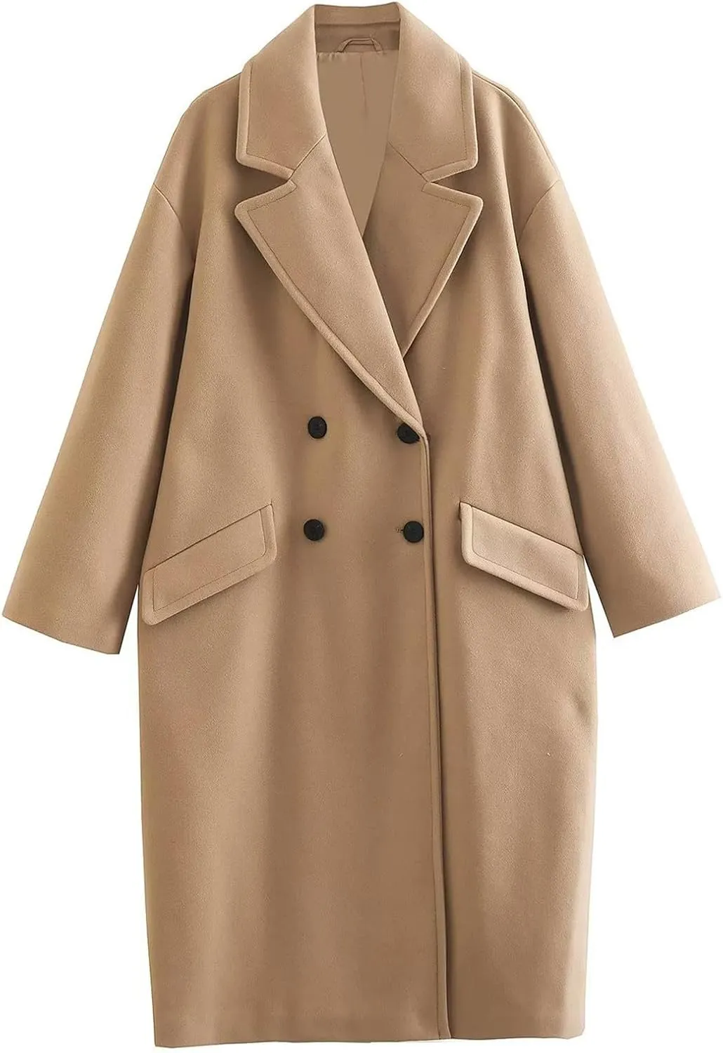 Coats for Women Casual Notched Lapel Collar Double-Breasted Winter Trench Coat Elegant Solid Long Sleeve Wool Coat