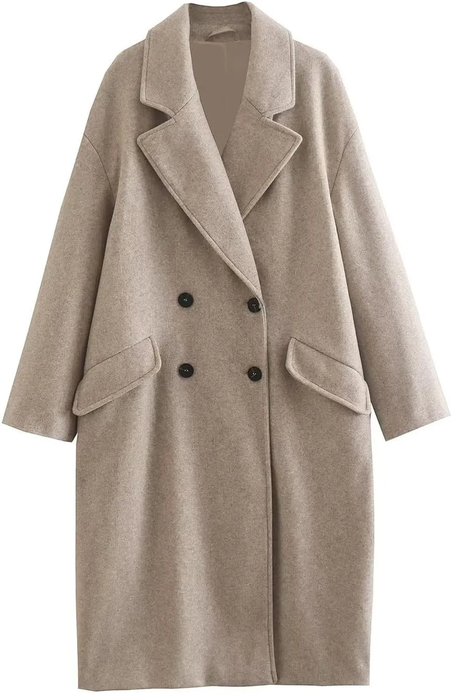 Coats for Women Casual Notched Lapel Collar Double-Breasted Winter Trench Coat Elegant Solid Long Sleeve Wool Coat