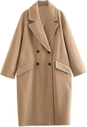 Coats for Women Casual Notched Lapel Collar Double-Breasted Winter Trench Coat Elegant Solid Long Sleeve Wool Coat