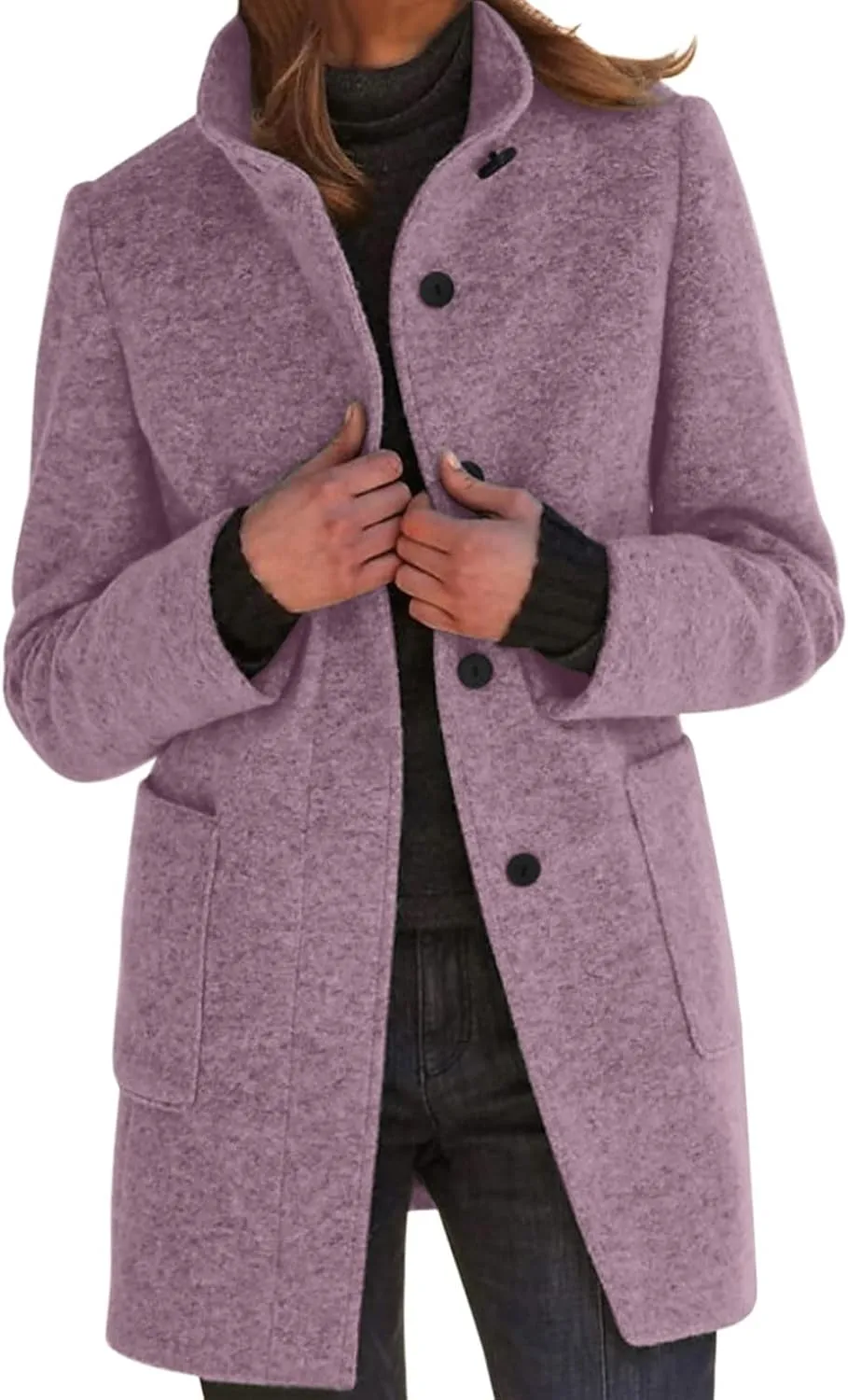cooki Winter Coats for Women Stand Collar Single Breasted Wool Blend Long Pea Coats Casual Trench Coats Blazer Jackets