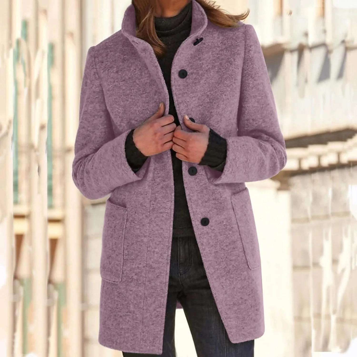 cooki Winter Coats for Women Stand Collar Single Breasted Wool Blend Long Pea Coats Casual Trench Coats Blazer Jackets