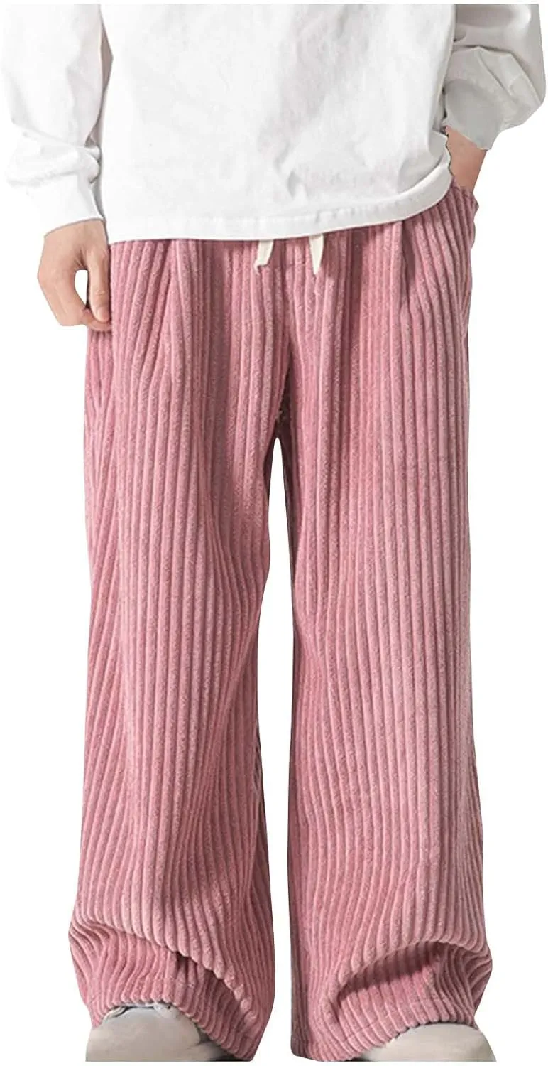 Corduroy Pants for Men Plus Size Loose Elastic Waist Drawstring Wide Leg Trouser Casual Fashion Light Plus Size Pant