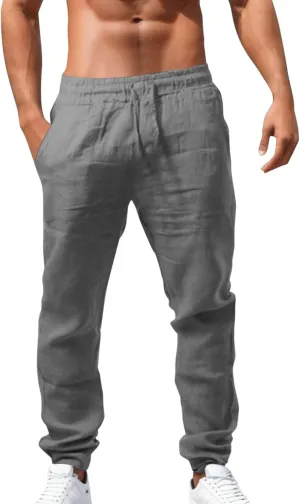 Cotton Linen Pants Men Summer Beach Pants Loose Fit Elastic Waist Casual Cargo Pants Hiking Pants Workout Joggers Straight Cargo Pants for Men
