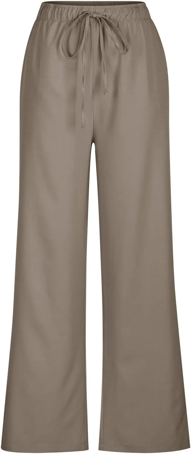 Cotton Linen Pants Women Bootcut Linen Wide Leg Pants Elastic High Waisted Trousers Palazzo Pants Baggy Lounge Pants