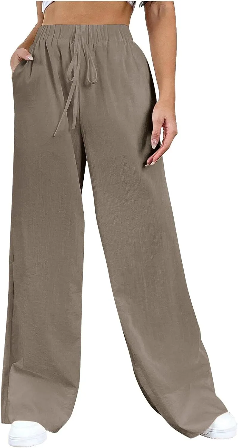 Cotton Linen Pants Women Bootcut Linen Wide Leg Pants Elastic High Waisted Trousers Palazzo Pants Baggy Lounge Pants
