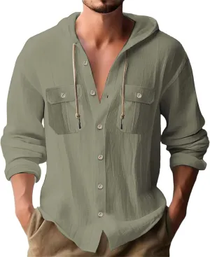 Cotton Linen Shirts for Mens Stylish Summer Beach Hippie Hoodies Lightweight UPF 50  Fishing Shirt Hooded Sweatshirts
