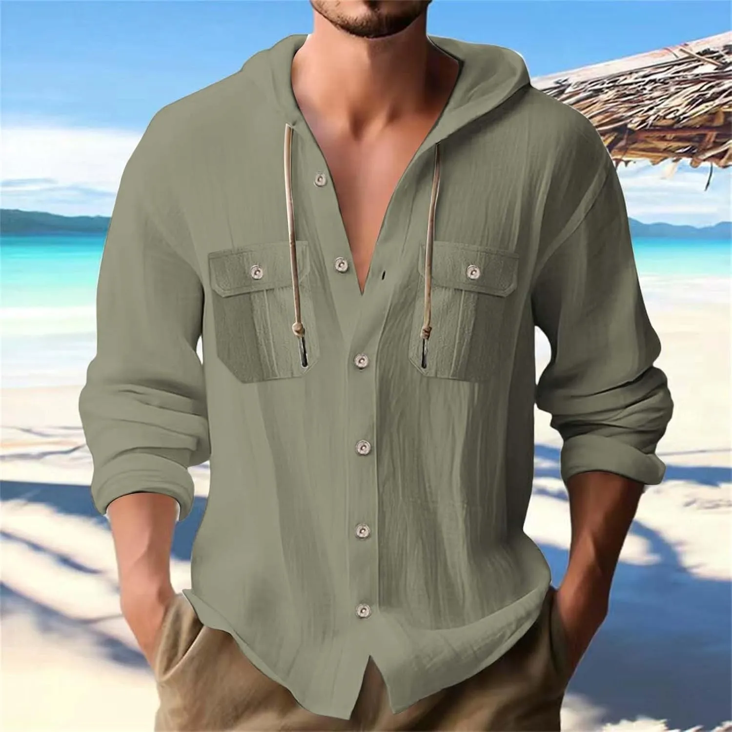 Cotton Linen Shirts for Mens Stylish Summer Beach Hippie Hoodies Lightweight UPF 50  Fishing Shirt Hooded Sweatshirts