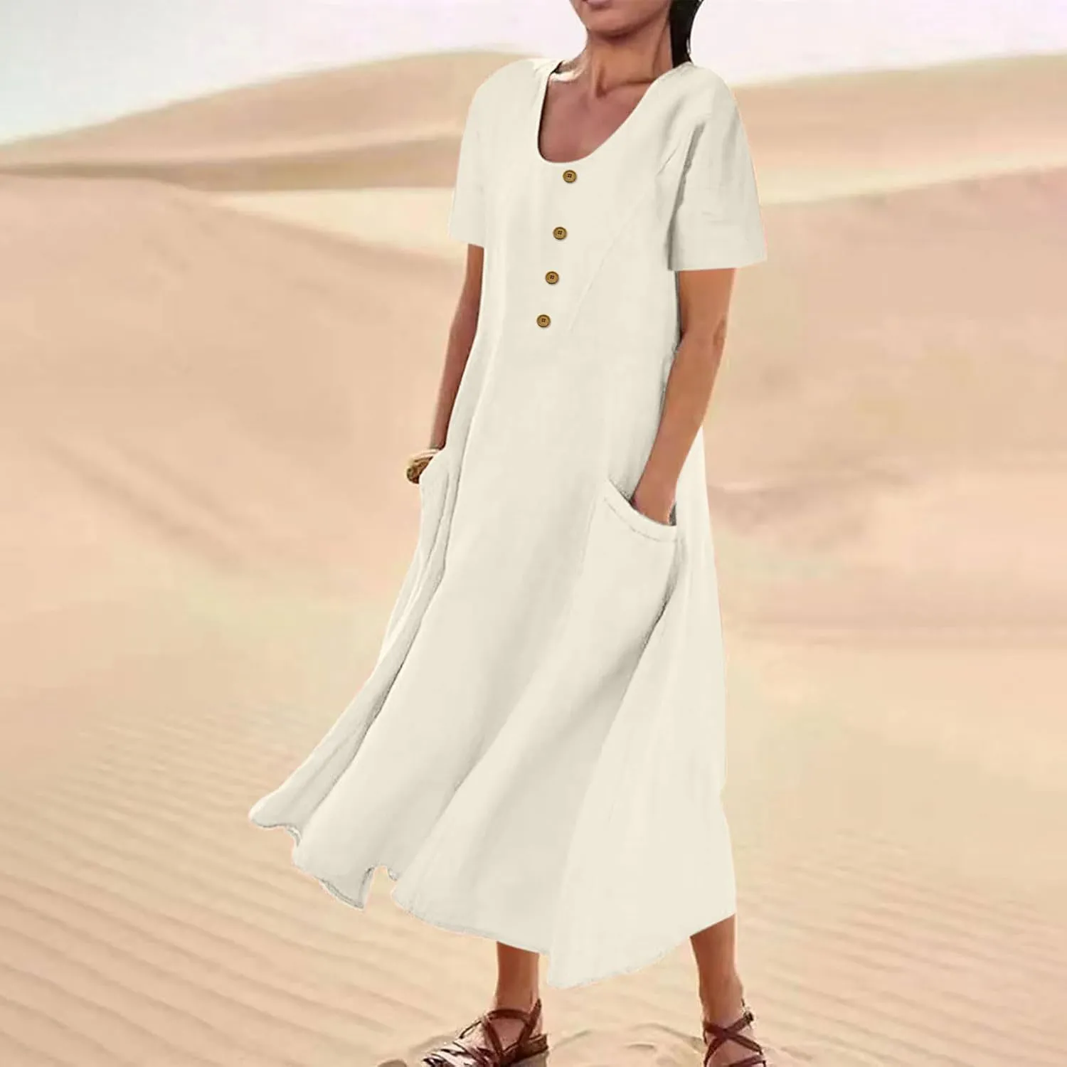 Cotton Linen Summer Maxi Dresses for Women 2025 Vacation Button Down Shift Dresses with Pockets Long Flowy Dresses