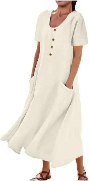 Cotton Linen Summer Maxi Dresses for Women 2025 Vacation Button Down Shift Dresses with Pockets Long Flowy Dresses