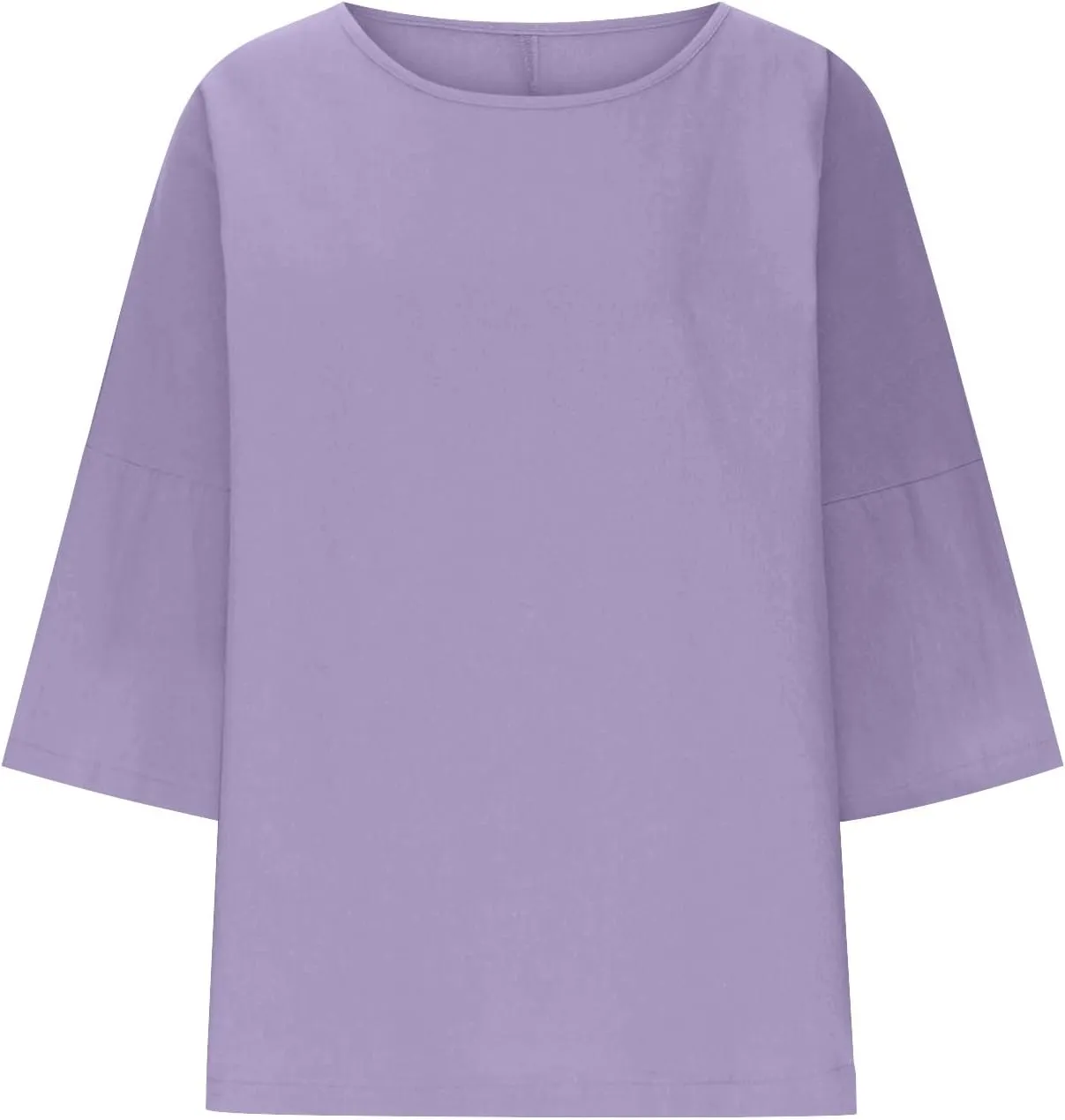 Cotton Linen Tops for Women Solid Color 3/4 Sleeve Round Neck Tunic Blouses Casual Plus Size Loose Fitting Tee Shirt