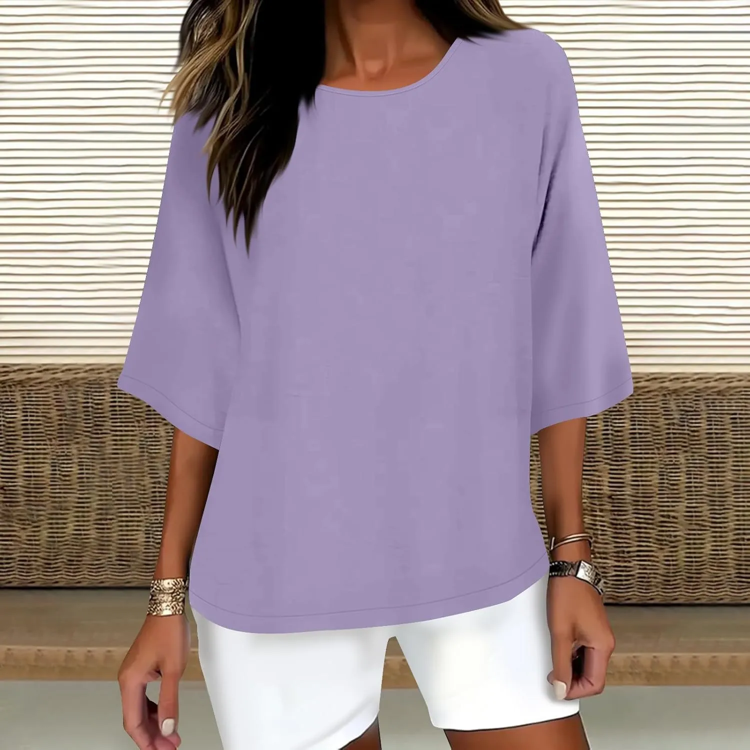 Cotton Linen Tops for Women Solid Color 3/4 Sleeve Round Neck Tunic Blouses Casual Plus Size Loose Fitting Tee Shirt
