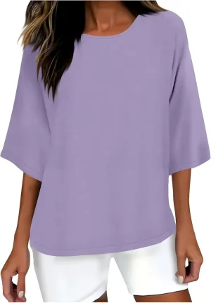 Cotton Linen Tops for Women Solid Color 3/4 Sleeve Round Neck Tunic Blouses Casual Plus Size Loose Fitting Tee Shirt
