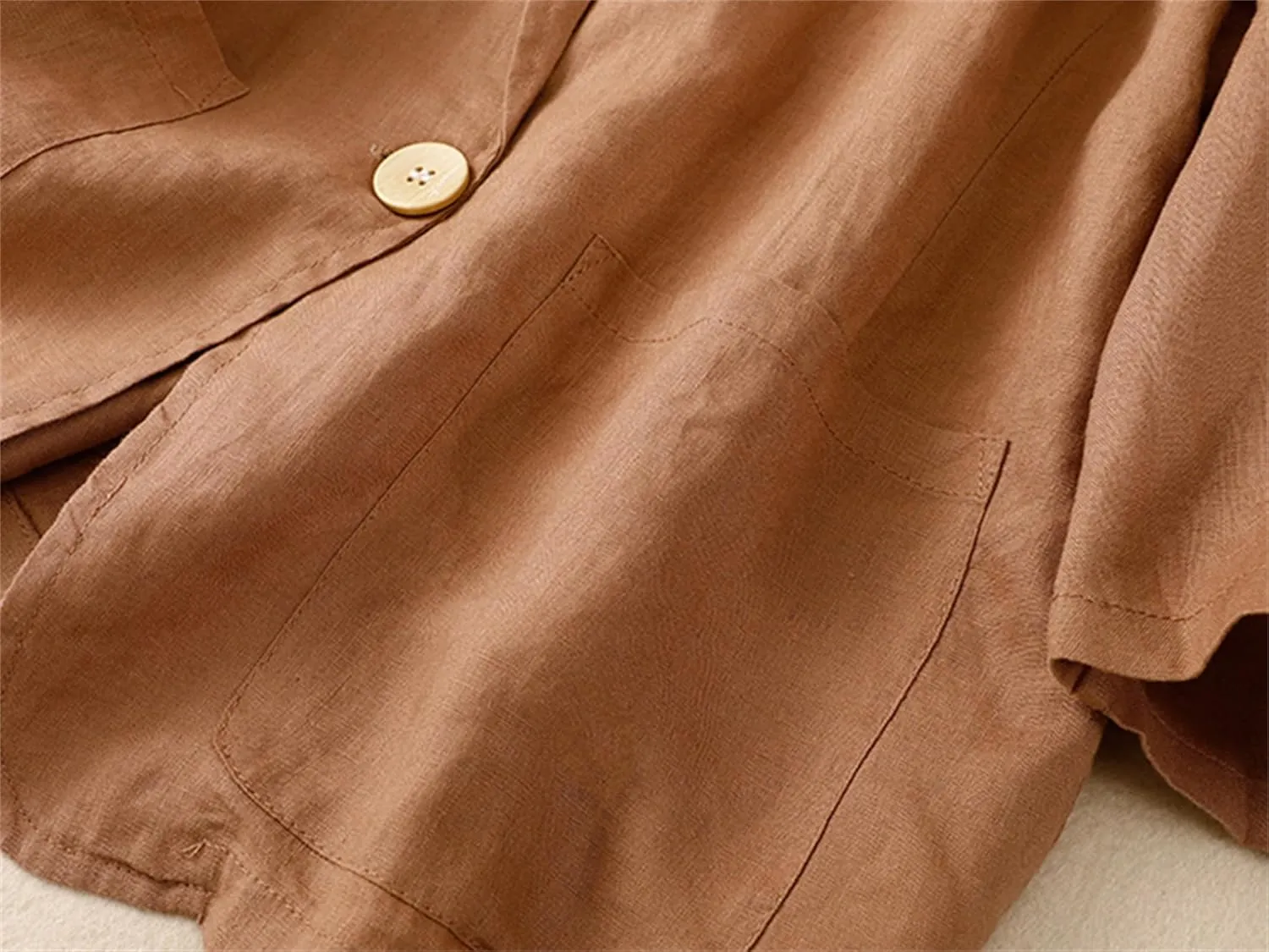 Cromoncent Women's Cotton Linen Blazer 3/4 Sleeve Button Down Casual Office Jacket